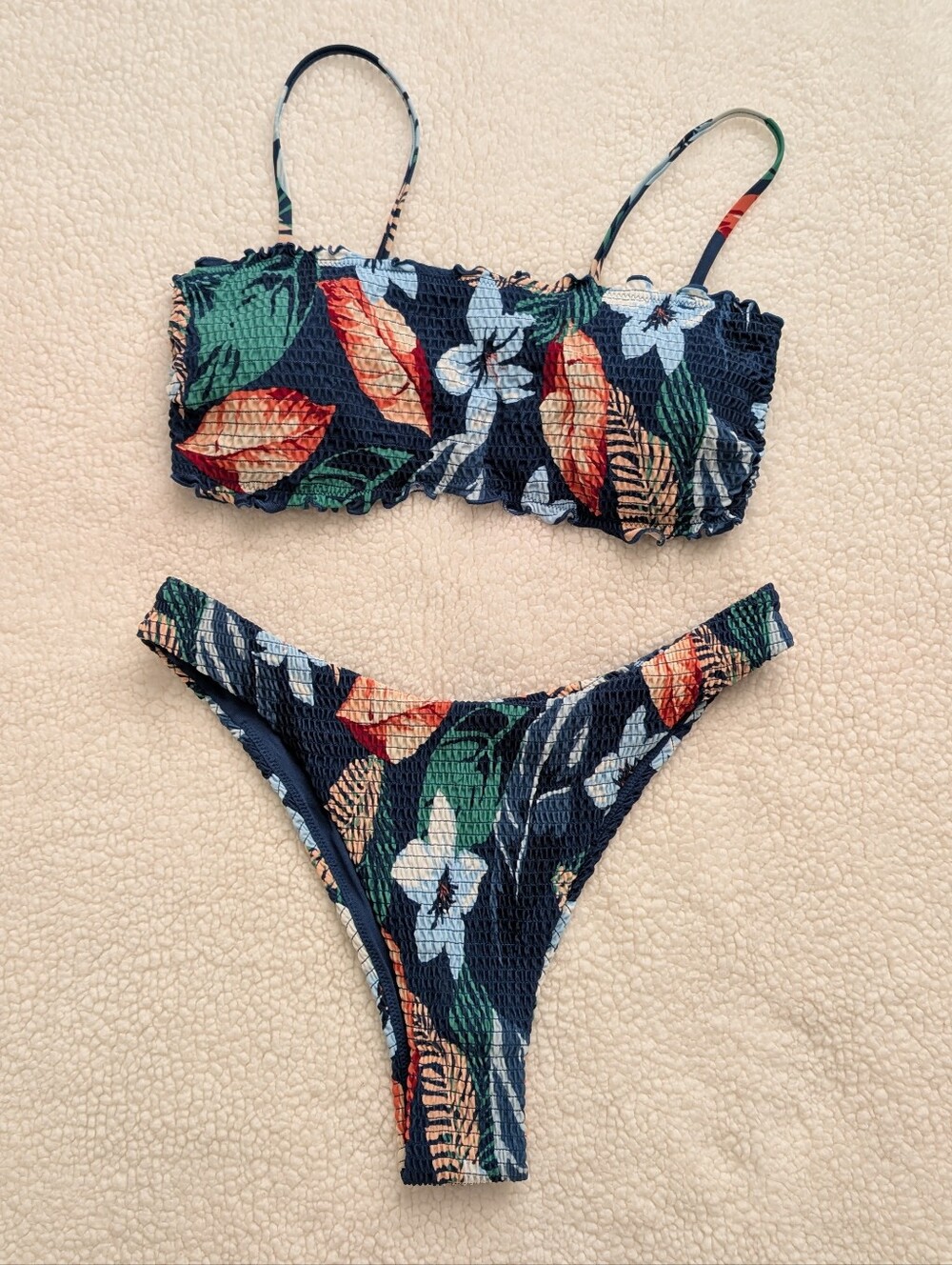 EUC Hollister Swim High Leg Cheeky Smocked Bandeau Floral Tropical Bikini Set